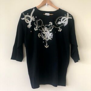 Gardy Embroidered Black Nautical Theme Three Quarter Length Sleeve Top